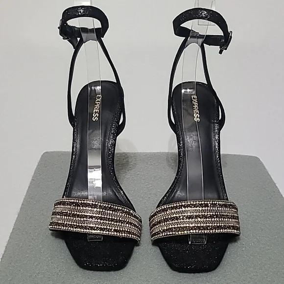 EXPRESS Women's Black Rhinestone Strappy 4 inch Open Toe Heels - Size 7.5 - Picture 2 of 12